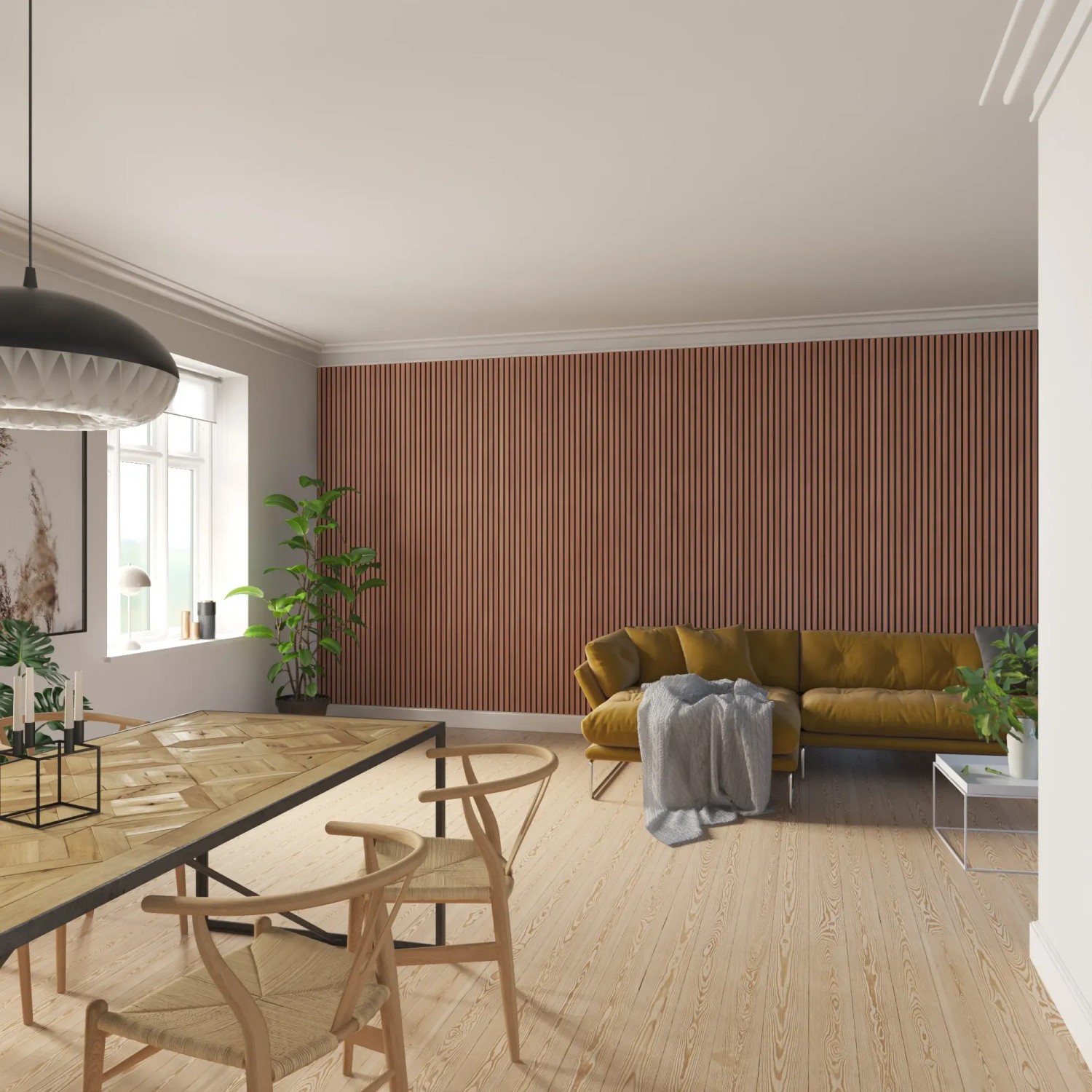 Wohnraum mit Mahagoni Akustikpaneel (60x240cm) an der Wand. Holzverkleidung verbessert Raumakustik.