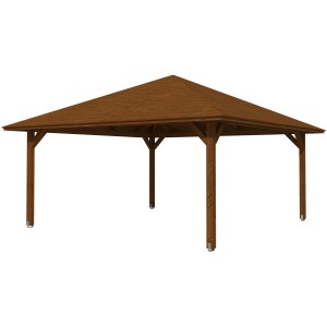 Holz-Pavillon Cannes 4 von Skan Holz, nussbaum lasiert, 489x489 cm. Gartenlaube mit robusten Pfosten und Dach.