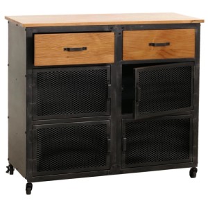 Kommode N28 in Schwarz/Natur: Sideboard mit 2 Schubladen, 4 Fächern und Rollen im Retro-Design.