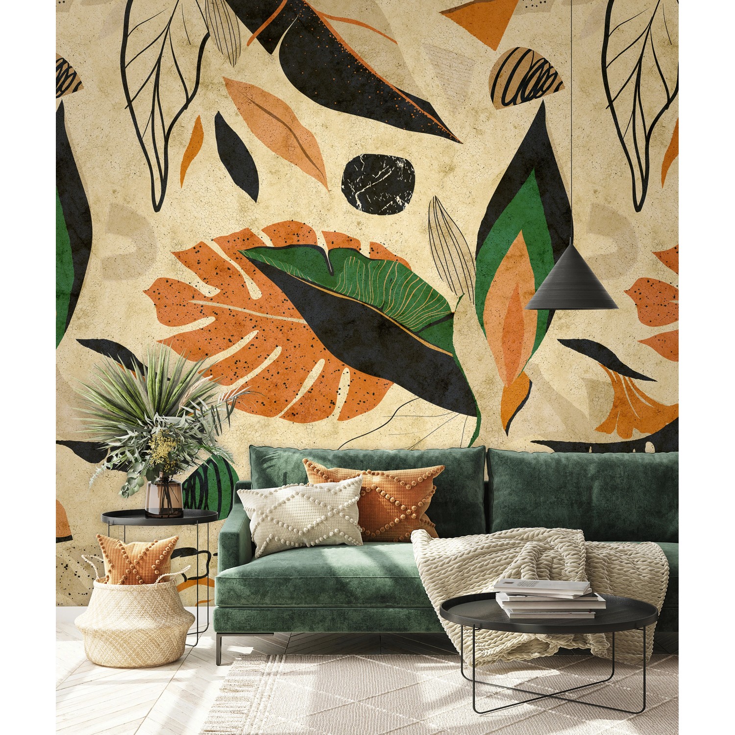 Beige Marburg Fototapete Floral Modern mit Pflanzenmotiven im Wohnzimmer.