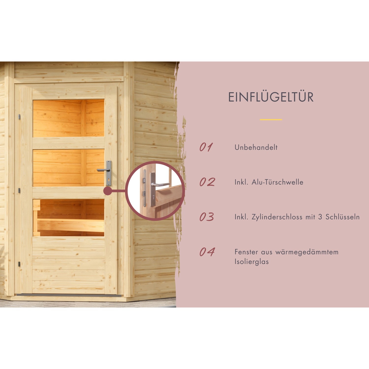 Detailansicht der Tür vom Karibu Saunahaus Hendrik 3: Einflügeltür mit Glasfenstern und Zylinderschloss.