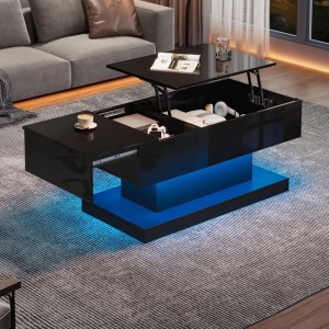 okwish Couchtisch mit Hydraulik Lift Tischblatt LED 100x50x45cm Schwarz