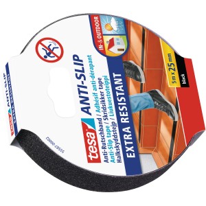 Tesa Anti-Rutschband, 5 m x 25 mm, schwarz. Rutschhemmendes Klebeband für Treppen und glatte Flächen.