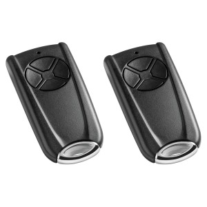 Zwei EcoStar Garagentor-Handsender in Schwarz mit vier Tasten.