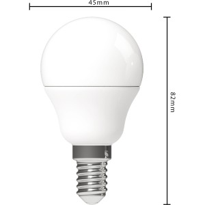 LED-Leuchtmittel E14 Globe G45, 4,9 W, warmweiß, mit Größenangabe (4,5 x 8,2 cm).