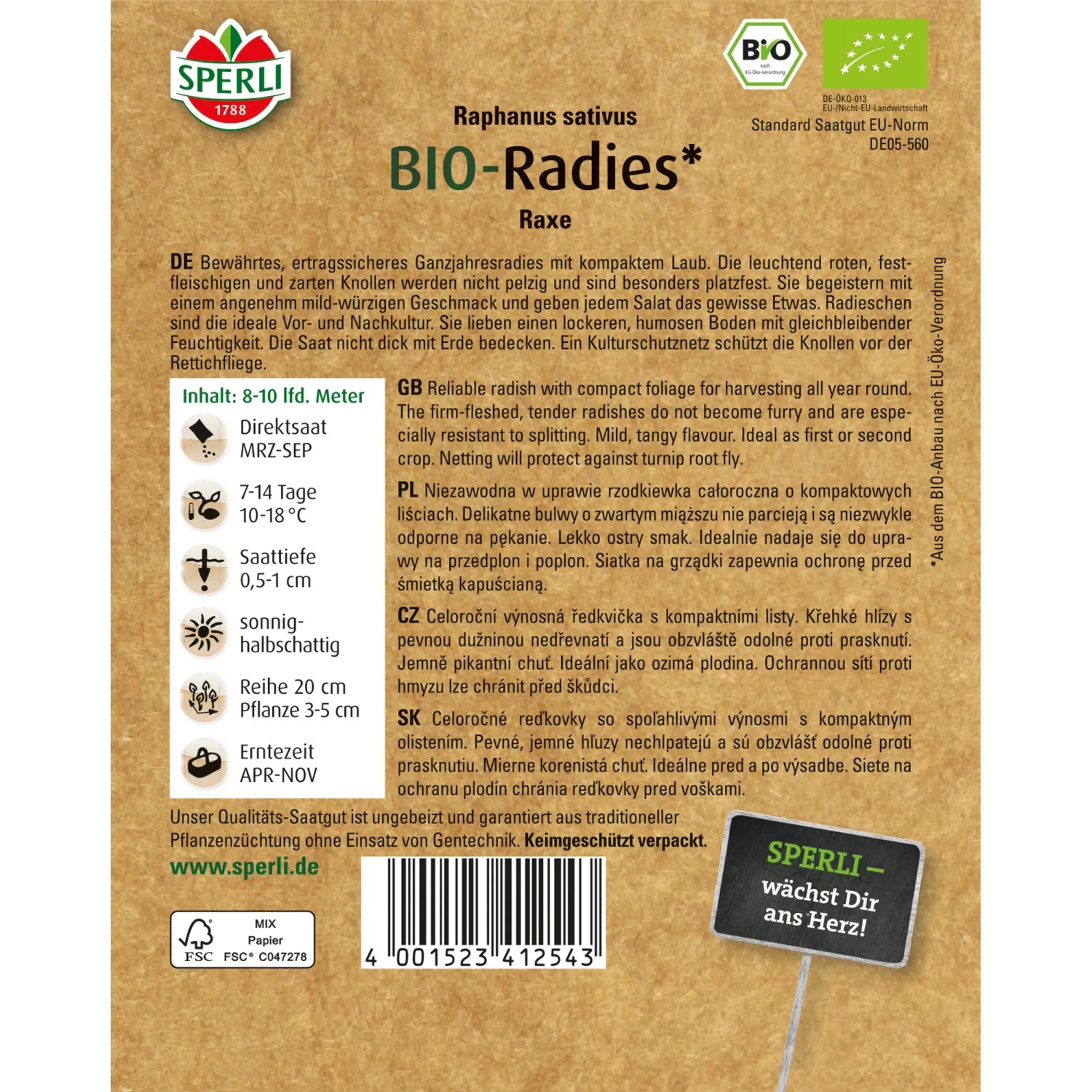 Sperli Bio Radieschen Rot Samenpackung, Ganzjahressorte für knackige, rote Radieschen.