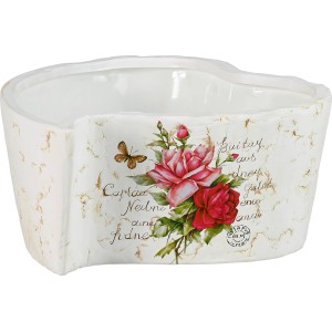 Cremefarbene Herz Pflanzschale mit Rosenmotiv, 15x15cm, aus Terrakotta für den Innenbereich.