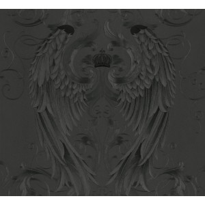 Schwarze Glööckler Vliestapete mit Engelsflügeln und Krone, Dekorative Tapete.