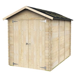 Holzhaus Bh16 Rubia, 178x273 cm, unbehandeltes Tannenholz mit Doppeltür und grauer Dacheindeckung.