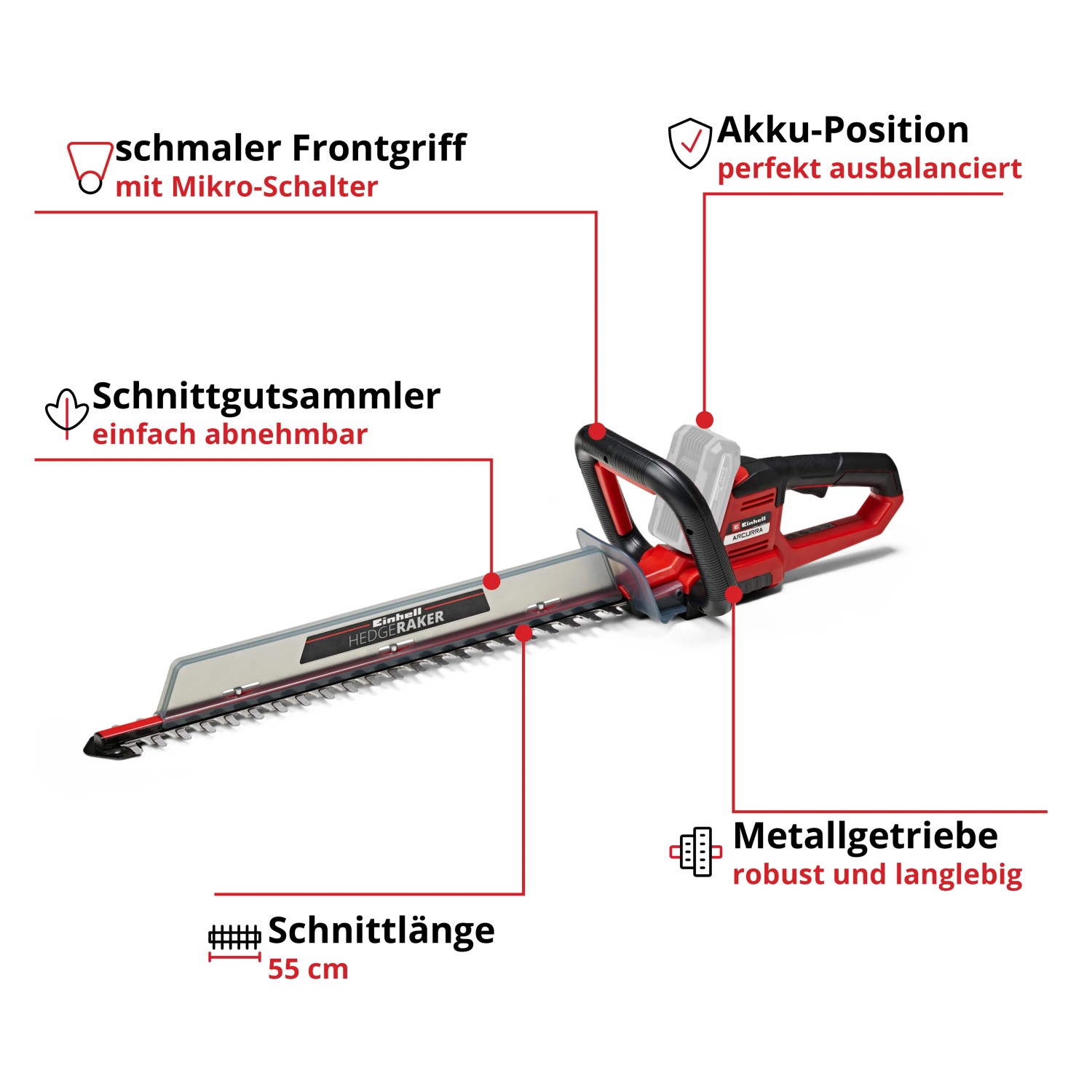 Einhell Akku-Heckenschere Arcurra 18/55: Rot-schwarze Heckenschere mit Schnittgutsammler und 55 cm Schnittlänge.