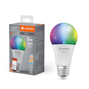 Ledvance Smart+ WiFi LED-Lampe E27 mit Farbwechsel und Verpackung.