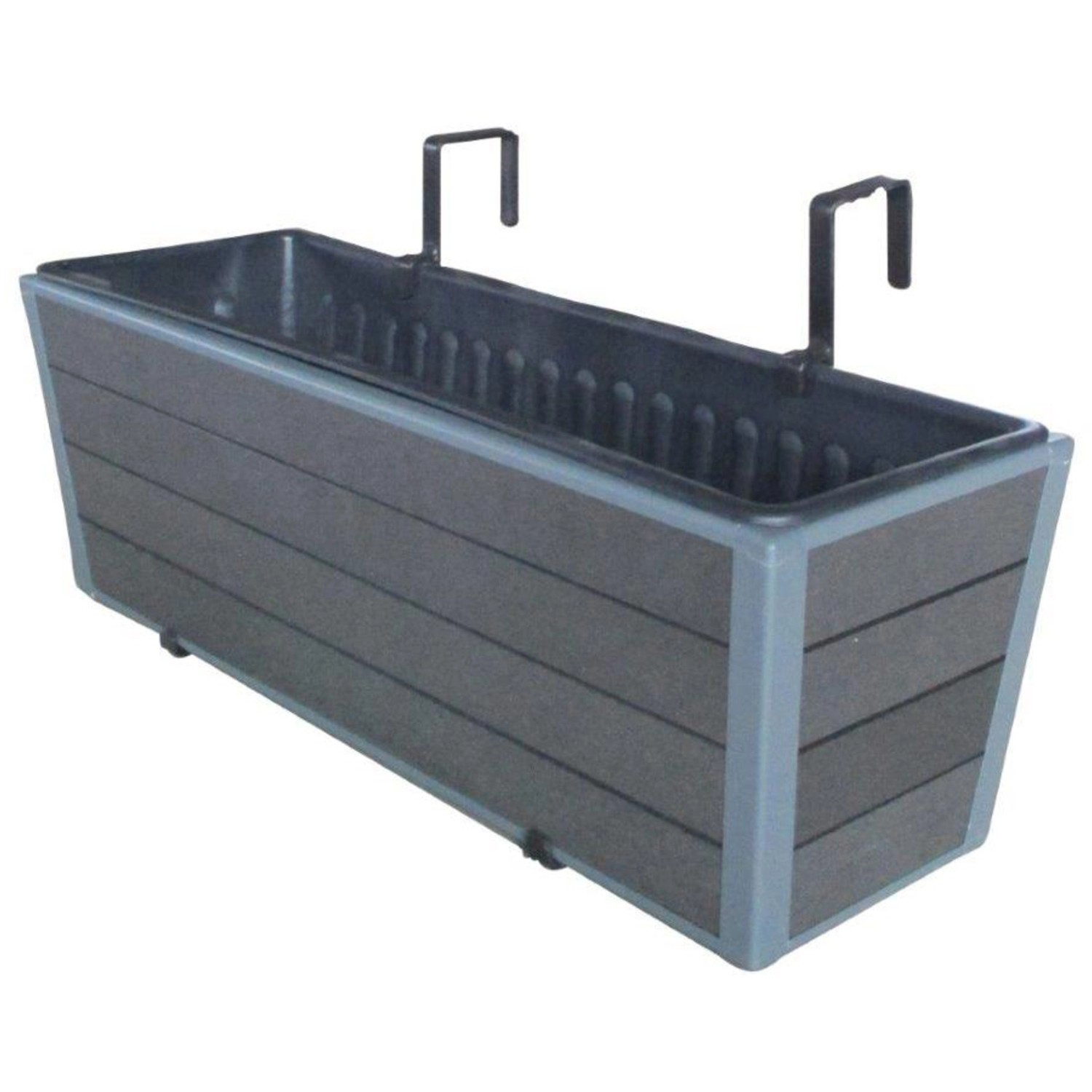 Anthrazitfarbener WPC-Balkonkasten Monaco 60,5 cm mit Halterungen für den Balkon.