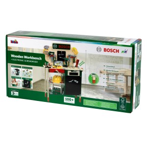 Verpackung der Klein Kinder-Werkbank Bosch Natur FSC® mit Werkzeug und Zubehör.