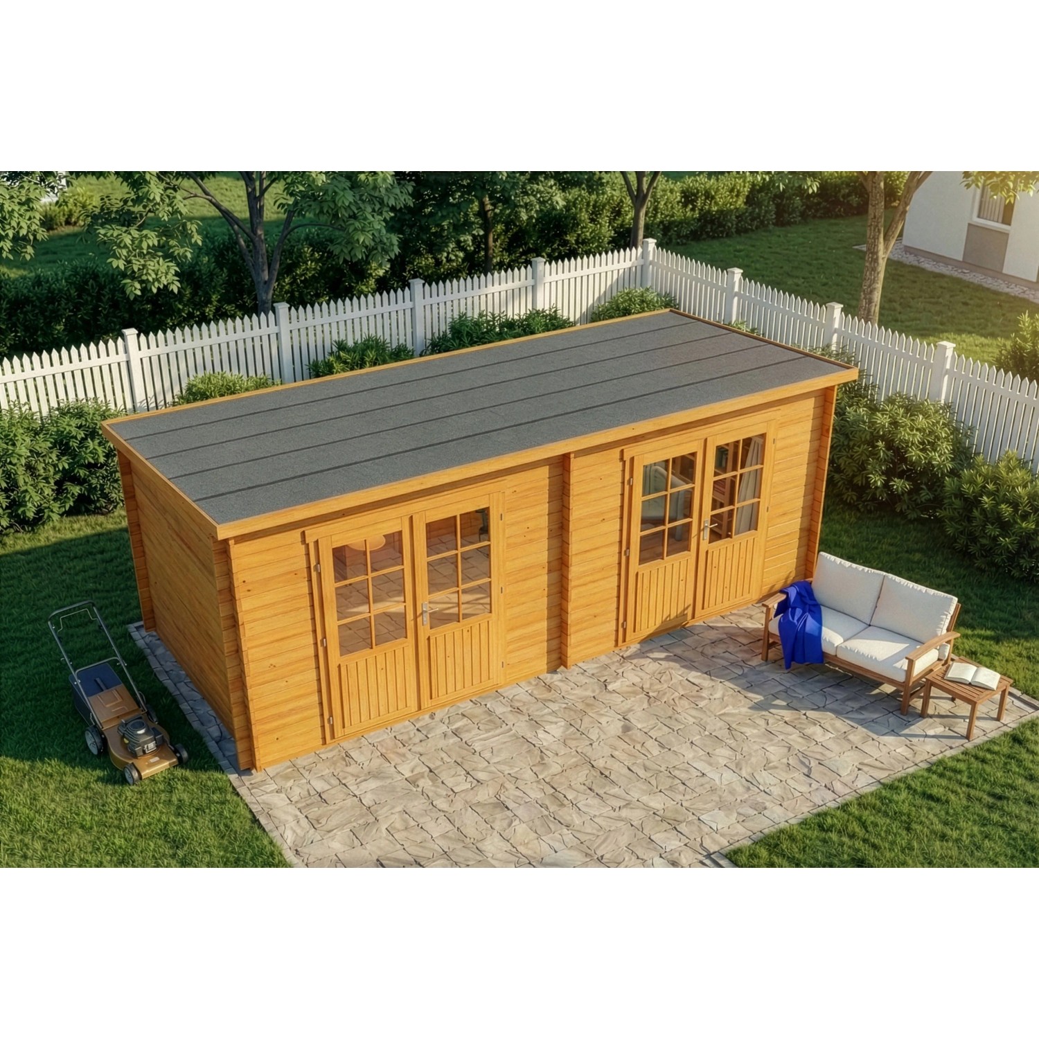 Gartenhaus Maria Twin mit Pultdach, 601x275 cm, 40 mm Wandstärke, aus Pinienholz.