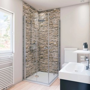 Begehbare Dusche mit Breuer Duschrückwand in Mauer Optik Hell (150x255cm).