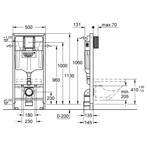 Technische Zeichnung: Grohe Rapid SL Spülkasten GD 2 für Wand-WC, Maße und Details.