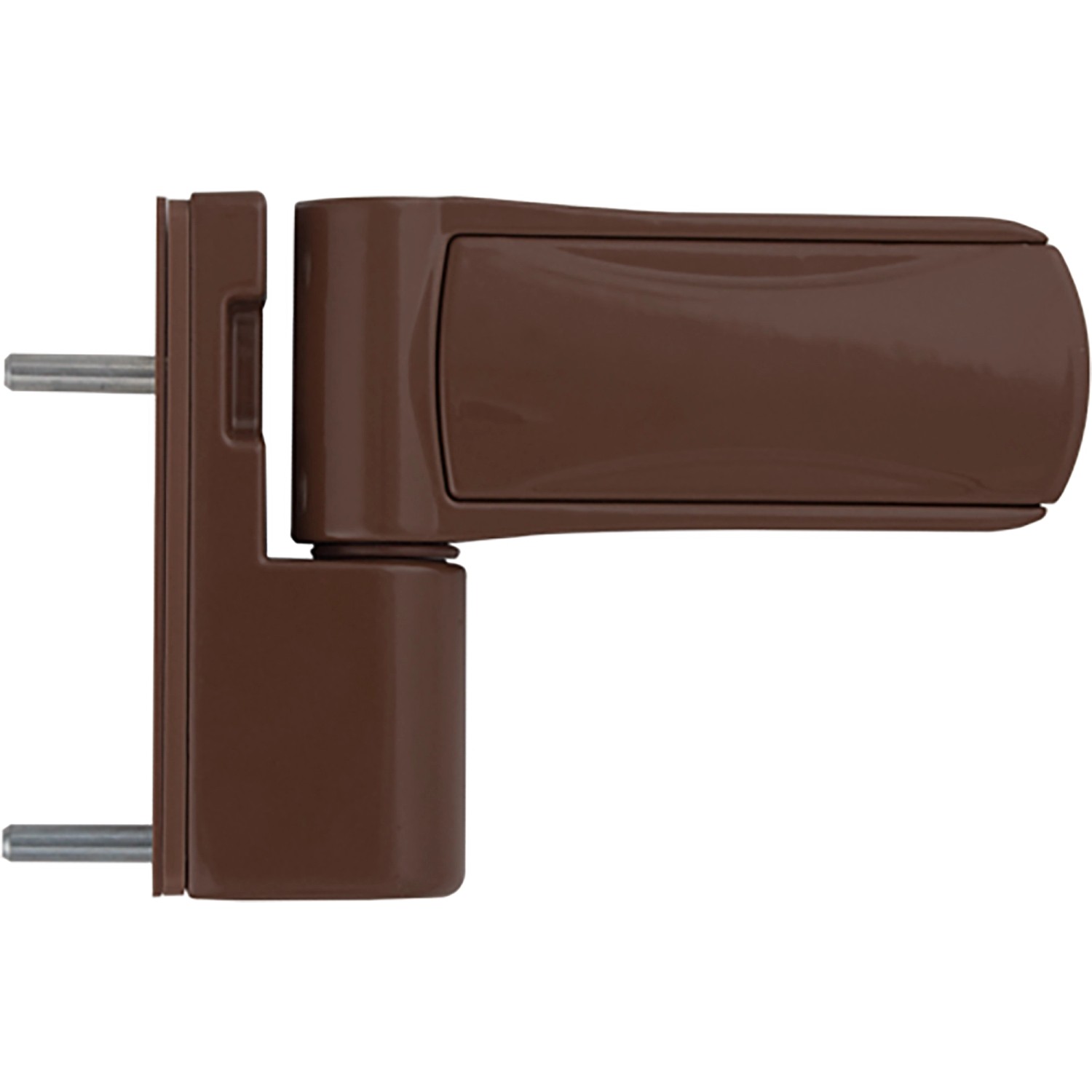 Detailaufnahme: Mahagonifarbene Türbänder für Kunststoff-Nebeneingangstür.