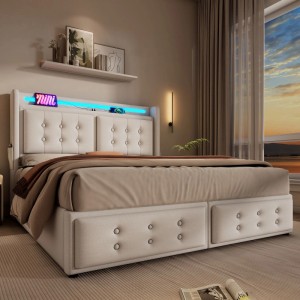 okwish Polsterbett 140x200cm mit LED Kopfteil USB Ladefunktion Jugendzimmer Beige mit Matratze