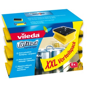 Vileda Glitzi Plus Topfreiniger 9er-Pack: Gelbe Schwämme mit schwarzer Scheuerseite im Vorteilspack.