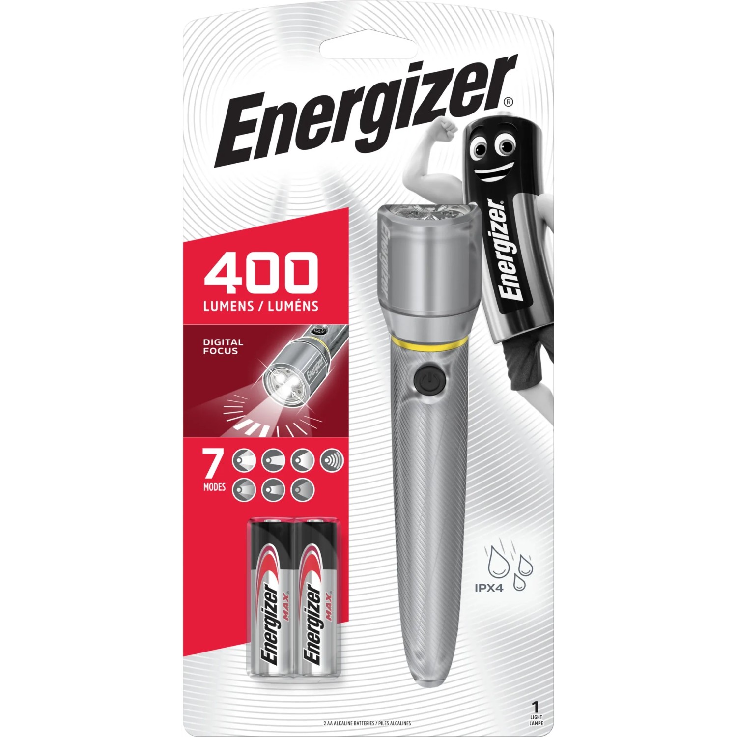 Energizer Vision HD Metal Taschenlampe mit 2xAA Batterien, silbernes Metallgehäuse.