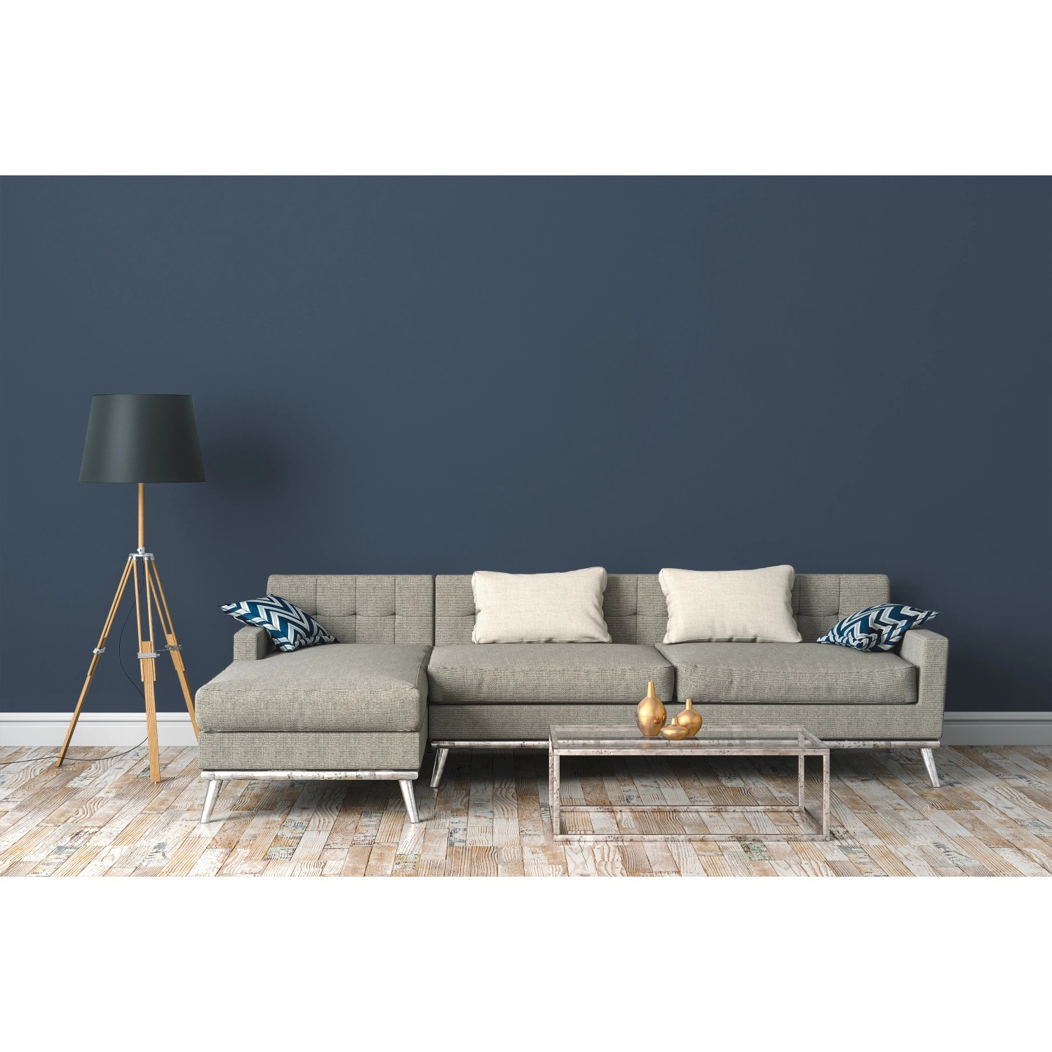 Wohnraum mit blauer Michalsky Living Vliestapete Uni, Sofa und Lampe.