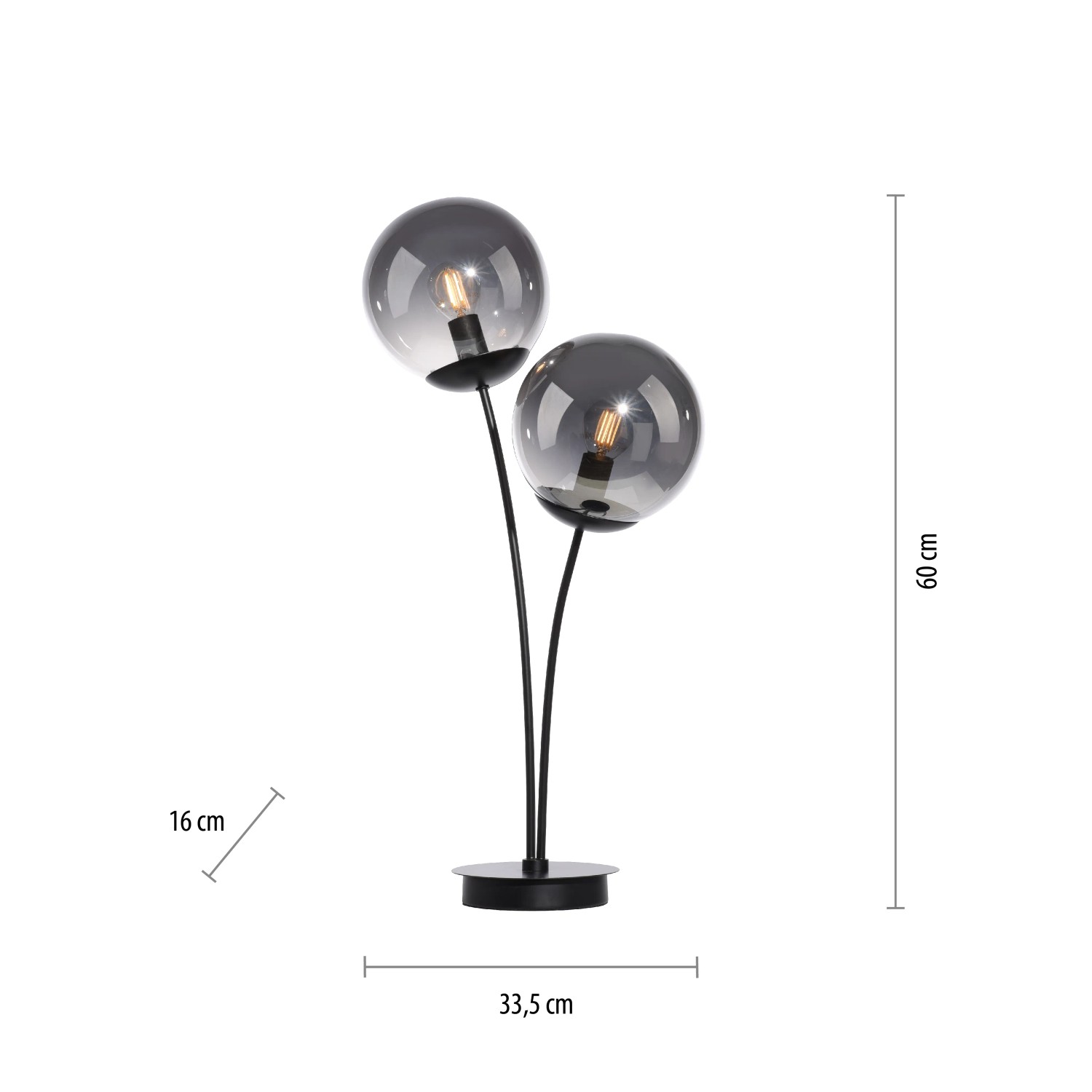 Schwarze 2-flammige Design-Tischleuchte Big Widow mit rauchfarbenen Glaskugeln (60 cm).