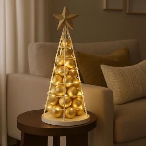Weißer Deko-Baum aus Metall, 60 cm hoch, mit goldenen Kugeln und Stern als Weihnachtsdekoration.