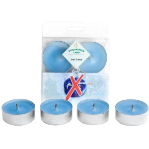 Schlaraffenland Duft-Teelichter Anti-Tabak, 4er-Pack Maxi, blaue Teelichter in Aluhülle.