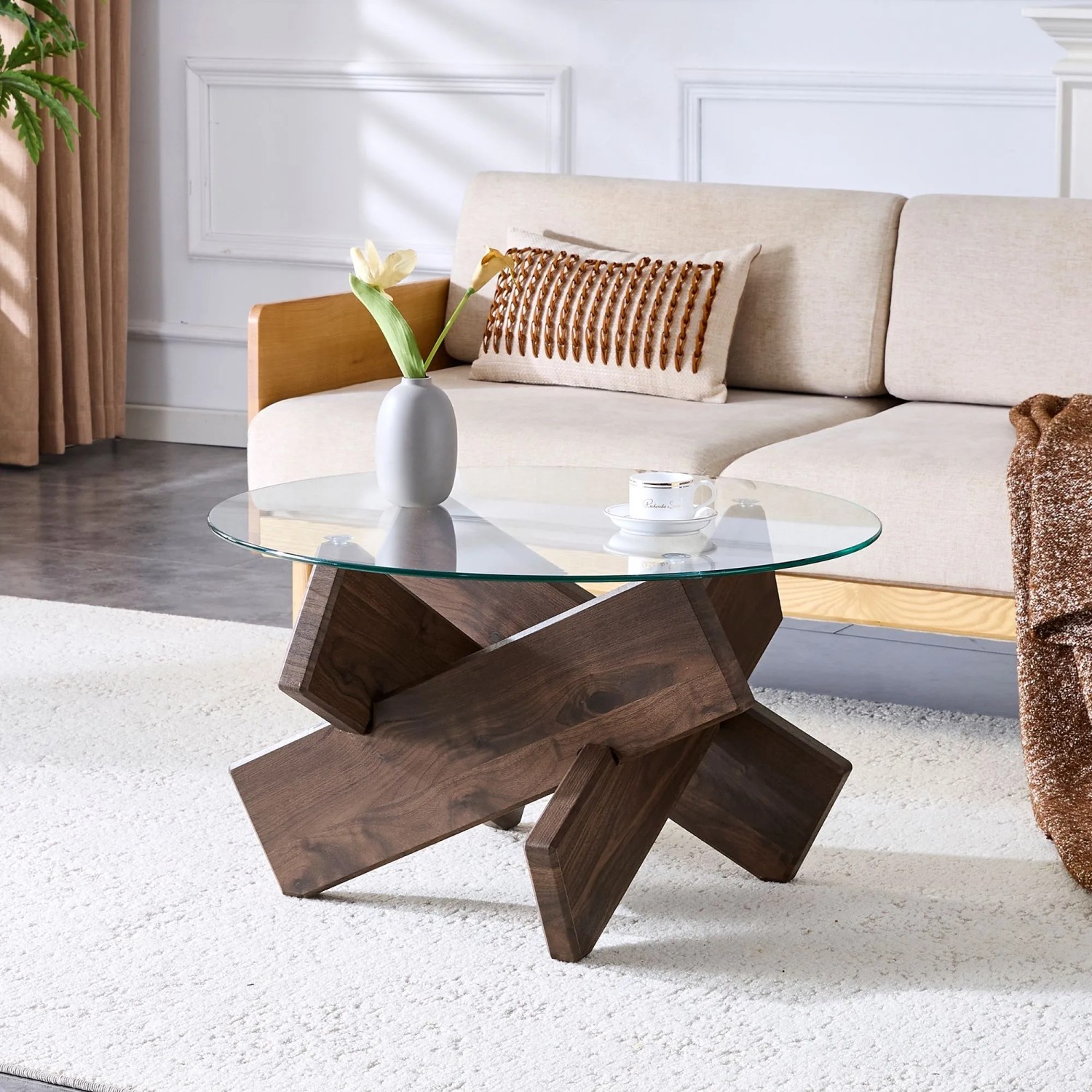 okwish Couchtisch mit Glasplatte und Kreuzgestell für Wohnzimmer 79x79x45 cm Braun_3
