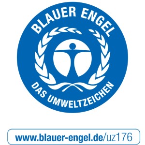 Blaues rundes Logo mit weißer Schrift, stilisierter Person und Blätterkranz. Unten steht eine Webadresse.