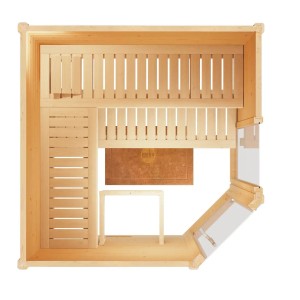 Weka Designsauna Cubilis 2 mit Saunaleuchtenset, Aufsicht: Fichtenholz, Glasfront, Liegen, Bodenmatte.
