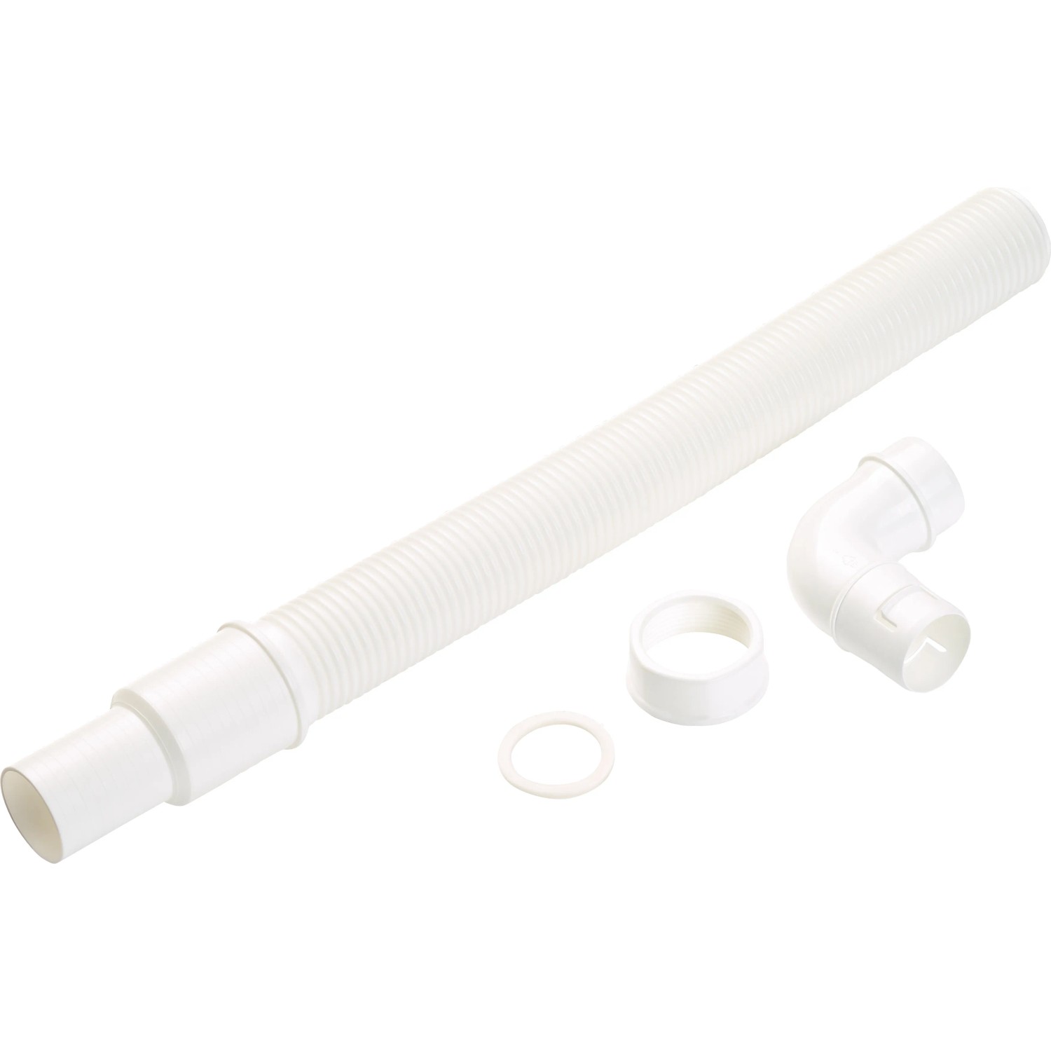 Flexibles Verlängerungsrohr für Siphon, weiß, mit Zubehör für Spültischmontage.