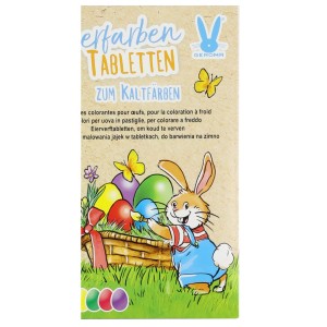 Eierfarben Tabletten zum Kaltfärben in 5 Farben, Packung mit Oster-Motiv.