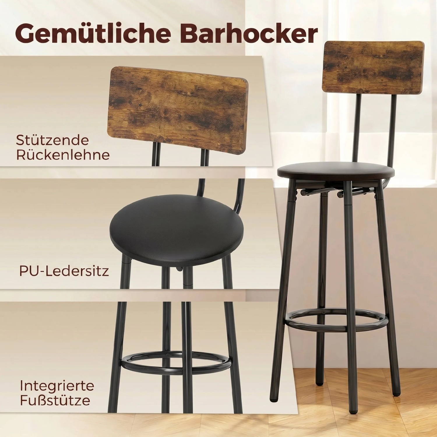 HOMCOM Barhocker des Bartisch-Sets: rustikale Holzlehne, schwarzer PU-Sitz, schwarzes Metallgestell mit Fußstütze.