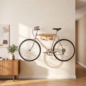 Relaxdays Fahrradwandhalterung Stahl Holz Weiß 3-In-1 mit Ablage und Haken 9,5 cm x 35 cm x 30,5 cm 2 kg