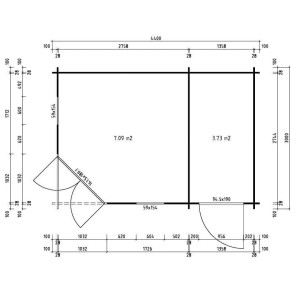 Grundriss Alpholz Gartenhaus Liwa Compact Walmdach 442x302 cm: Maße und Raumaufteilung des Holz-Gartenhauses.