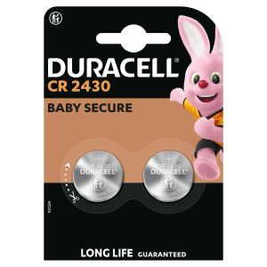 Duracell Lithium CR2430 Knopfzellen 2er-Pack in kindersicherer Verpackung.