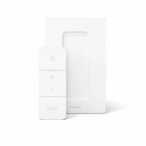 Weißer Philips Hue Dimmschalter mit Halterung zur Steuerung von Hue Leuchten.