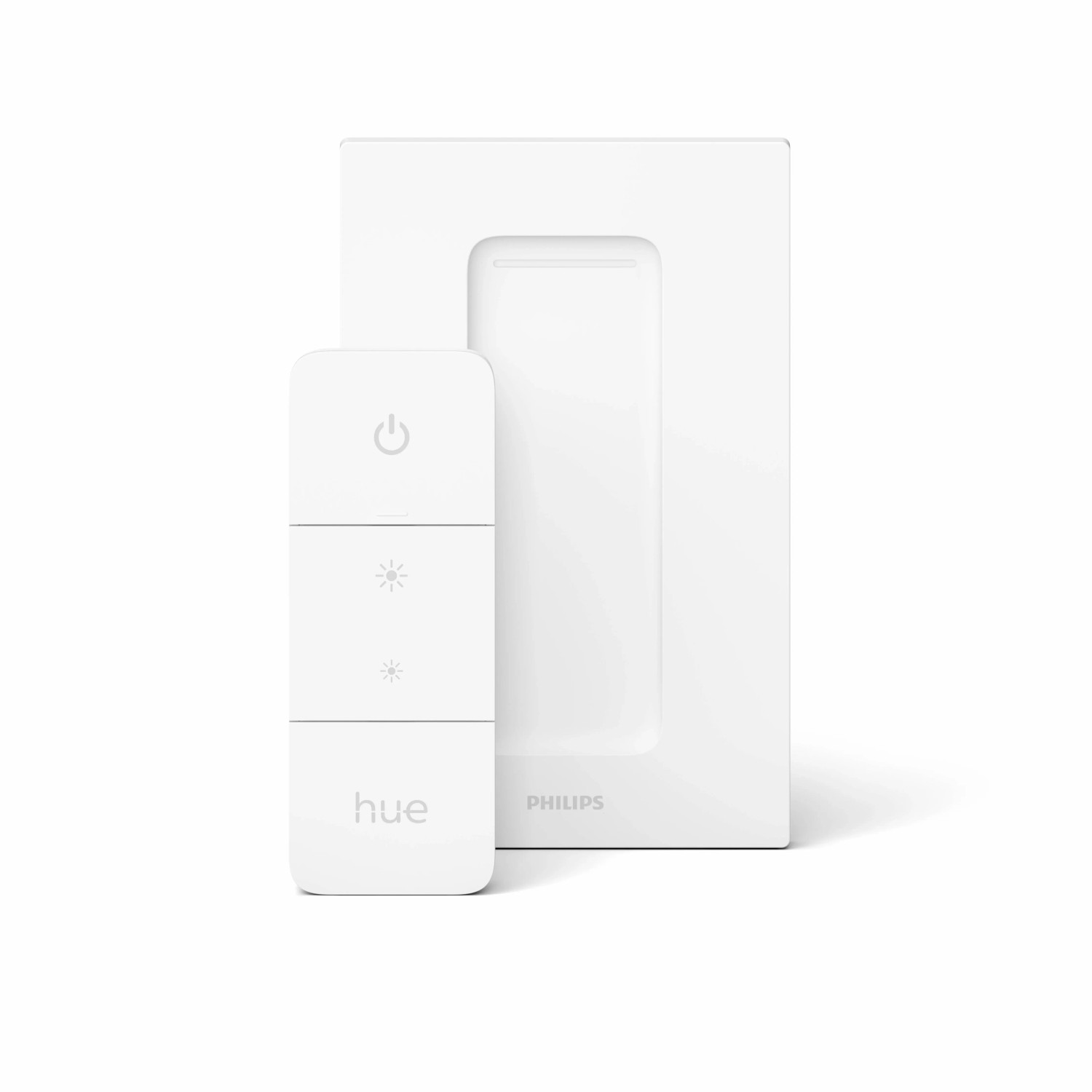 Weißer Philips Hue Dimmschalter mit Halterung zur Steuerung von Hue Leuchten.