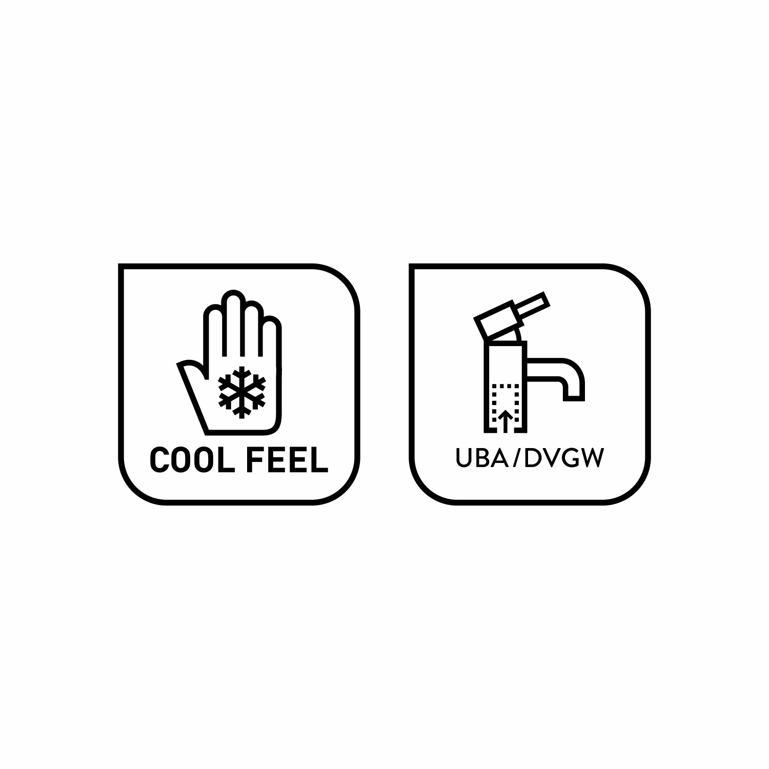 Icons: Cool Feel und UBA/DVGW Zertifizierung der baliv Thermostat-Duscharmatur.