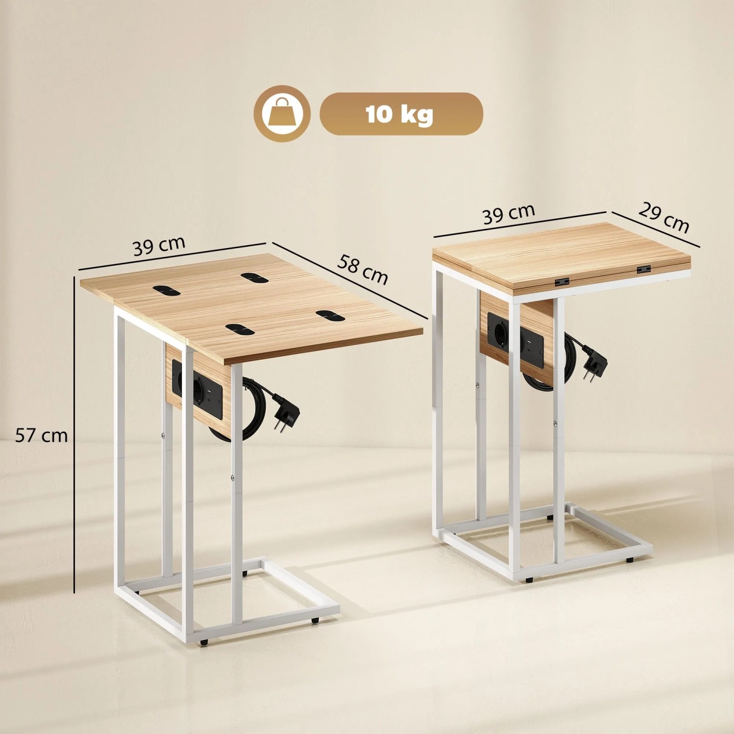 HOMCOM Beistelltisch C-Form, klappbare Holzplatte, integrierte Ladestation mit USB, weißes Metallgestell. Für Wohnzimmer.
