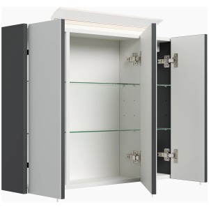 Posseik Spiegelschrank 80 cm in Grafit mit LED-Lampe und Glasböden, teilweise geöffnet.