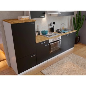 Respekta Küchenzeile KB270WS, 270 cm, schwarz-weiß mit Nussbaum Arbeitsplatte und E-Geräten.