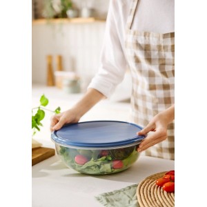 Runde, blaue Rotho Kühlschrankdose Rondo 6 l mit Salat, gehalten von einer Person.