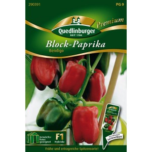 Saatgutpackung Quedlinburger Block-Paprika Bendigo mit roten und grünen Paprika.