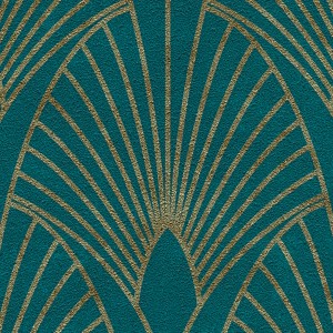 Selbstklebende AS Creation Tapete Pop Up Panel Retro Petrol-Gold mit goldenem Art Déco Muster.