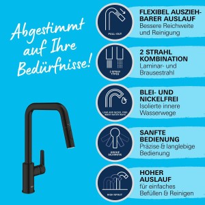Schwarze Grohe Start Einhand-Spültischbatterie mit Brause und hohem Auslauf. Küchenarmatur für Spültisch.