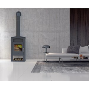 Accente Umea 4.0 GTS Kaminofen, Granit Grau, 6 kW. Zeitbrandofen im Wohnraum mit Holzscheiten.