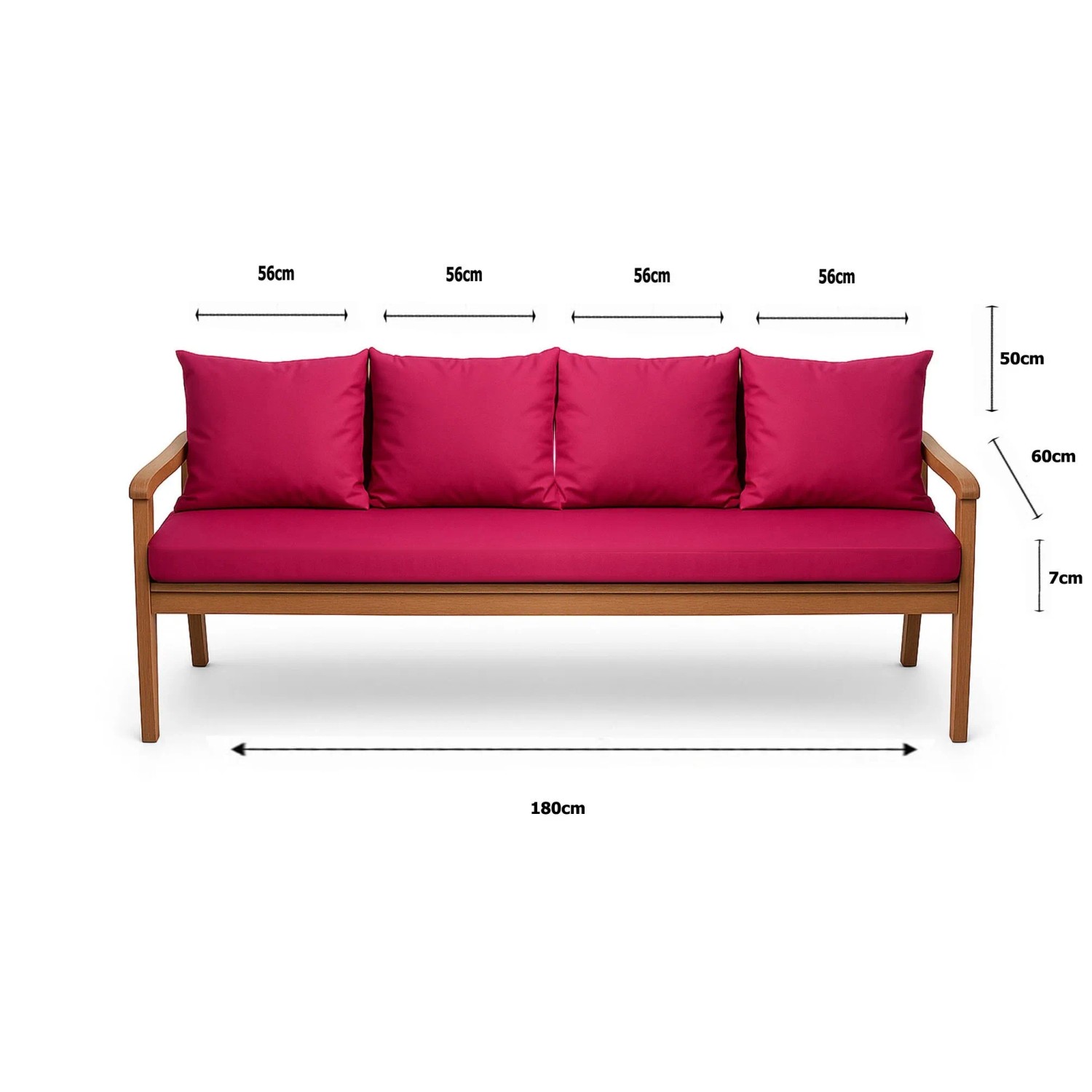 Setgarden Bankkissen-Set, Rose, 180x60 cm + 4 Kissen. Auflagen für 3-Sitzer Gartenbank.