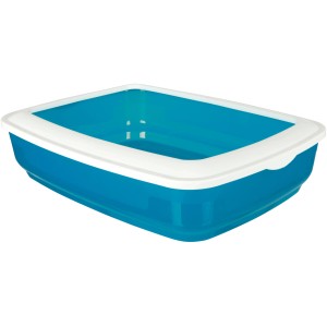 Offene, blau-weiße Jollypaw Katzentoilette mit Rand, 50x38x11cm.